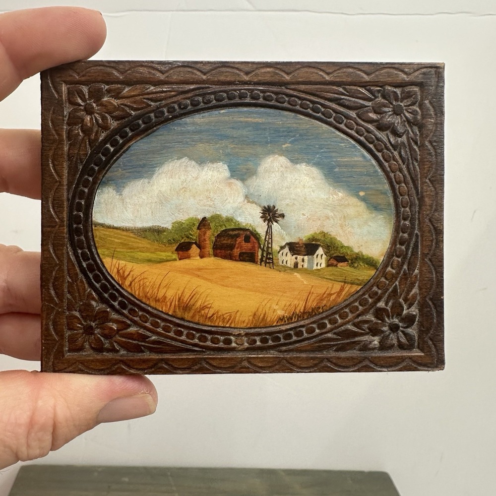 Vintage Miniature Oil Painting 3"x4" Signed Carved Wood Oval M Whitaker Farm